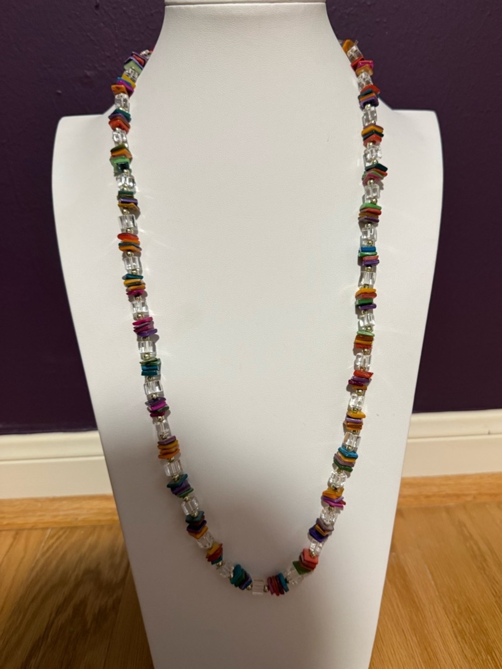 Long Clear Square Bead and Colorful Chip Beaded Necklace - Picture 8 of 9